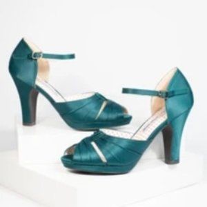 B.A.I.T. Emerald Satin Luella Peep Toe Heels 8.5